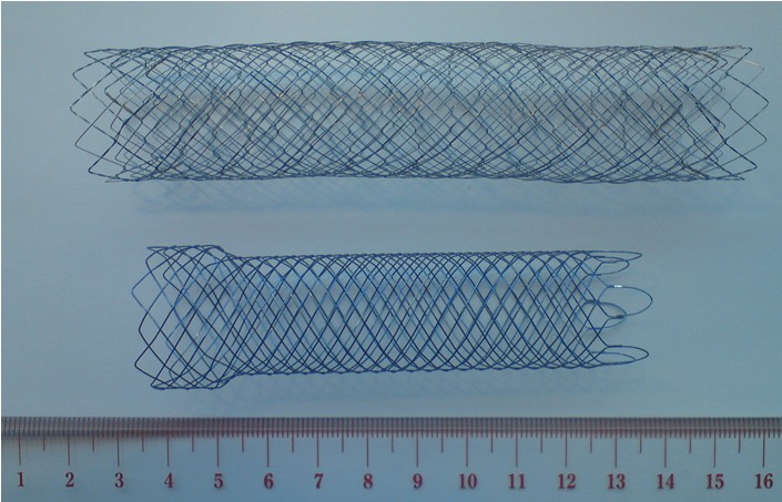 Figure 2a: Comparison of a 24x120mm double bare Egis with a 22x90mm woven stent.
