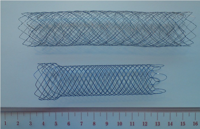 Figure 2a: Comparison of a 24x120mm double bare Egis with a 22x90mm woven stent.