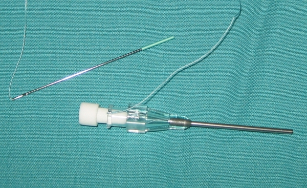 Cope anchor in 'loading tube', needle has plastic cover in situ at this point.